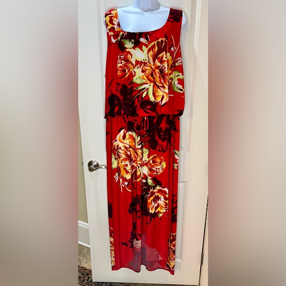 Shelby & Palmer Red Floral Maxi Dress w/Drawstring Waist & High/Low Hem 24W